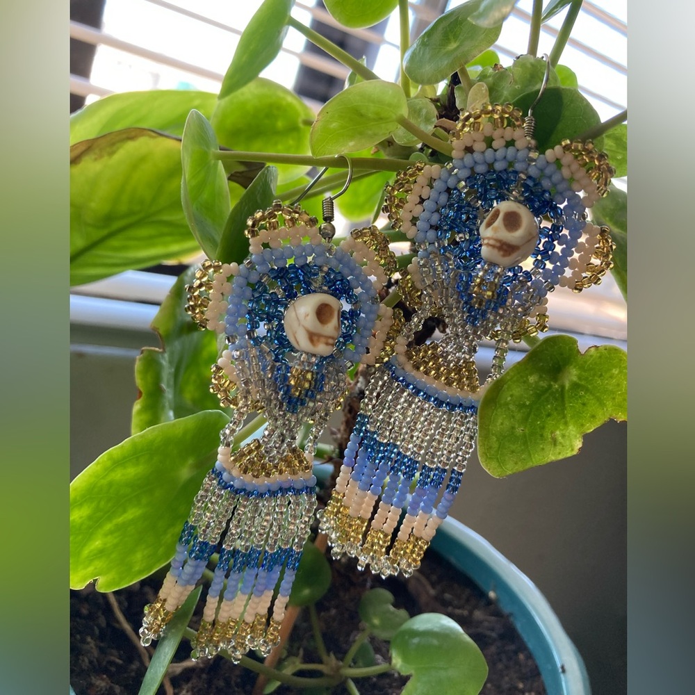 Beaded Skull Earrings with Gold and Blue Accents - Picture 3 of 5